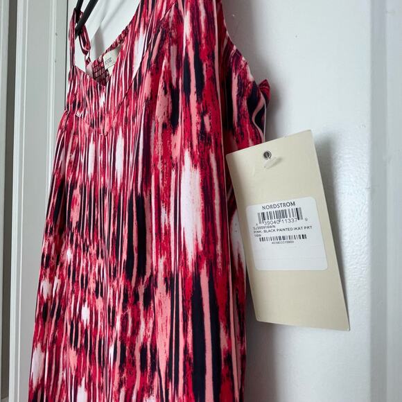 Sejour Pink Black Painted Ikat Print NWT Nordstrom Smocked Adjustable Maxi Dress - Picture 7 of 8